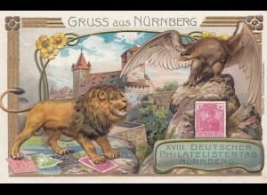 Ansichtskarte-Ganzsache: Gruss aus Nürnberg: Löwe/Adler Philatelistentag