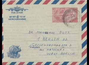 1967: Indien nach Berlin- Flugzeug und Nashorn auf Brief