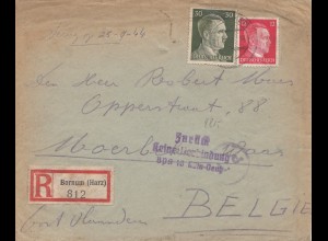 Zensur: 1944 von Bornum/Harz nach Belgien: Zurück: Keine Verbindung BPA Köln