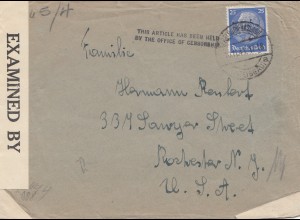 Zensur: 1941: Brief von Freiburg Hasloch nach USA: Hold by Censor bis 1945