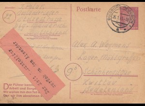Zensur: Januar 1945: Duisburg nach Zwittau: Unzustellbar zur Zeit