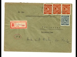 Einschreiben Hoffenheim/Sennsheim/Baden nach Karlsruhe 1947