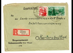 Einschreiben aus Villingen/Schwarzwald, Erdmannsweiler, 1948 nach Karlsruhe