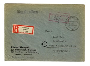 Einschreiben Wolfegg, Röthenbach 1947 nach Berlin, Gebühr bezahlt