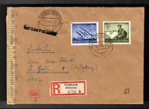 Einschreiben Feldkirch/Vorarlberg/Rheintal 1944 in die Schweiz - GRENZVERKEHR