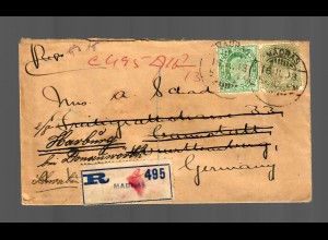 India: registered Madras, Perfin stamps, to Germany Harburg/Donauwörth 1919