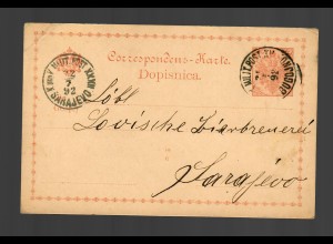post card Militär Post Bugojno 1892 to Sarajevo, Lovische Bierbrauerei