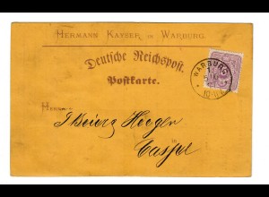 Postkarte Warburg, 1877 nach Kassel, 