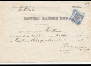 Zuid-Afrikaansche Republick - Telegram Ontvangen 1891 Pretoria