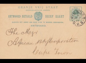 Oranje Vrij Staat, post card 1893 Winburg to Cape Town