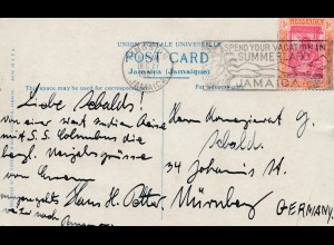 Jamaica 1921: post card Kingstown Port Antonio to Nürnberg