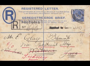 South Africa: 1919: registered letter from Pretoria to Java - then Sydney