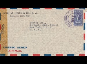 Costa Rica: 1944 San Jose to New York - Censor