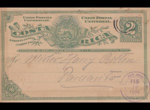 Costa Rica: 1904: post card San Jose to Paruarito