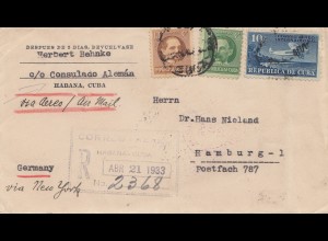 1933: Registered Habana Consulado Alemán to Hamburg via New York