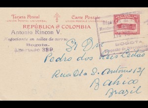Colombia 1929: post card Bogota to Bahia/Brazil