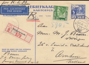 Ned. Indie 1937: post card registered/air mail Soengeipenoeh to Arnheim/Holland