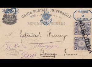 Peru 1892: post card Arequipa to Donay, forwarded to Paris