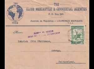Mocambique 1944 Lourenco to Arnegg/Switzerland, Censor