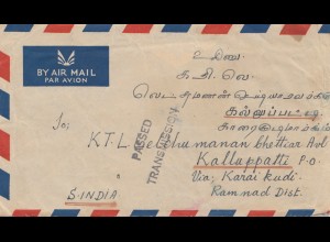 Malaysia 1950: air mail Klang to Kalluppatti/Karai Kudi/Ramnad Distr. Indien