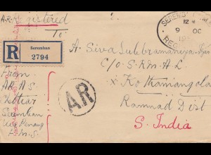 Malaysia: 1930: Registered Seremban to Kothamangalam/India