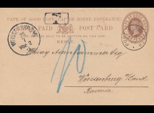 South Africa 1893: post card Port Elizabeth to Weissenburg, Tax