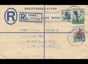 South Africa 1955: registered letter Durban to Wöschnau/Switzerland, customs