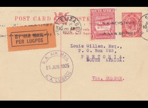 South Africa 1925: air mail Port Elizabeth to Pretoria