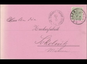 Werbekarte Düren nach Mähren an Zuckerfabrik mit Werbung für Buch-Tinte 1888