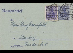 Germania: Kartenbrief von Baden-Baden nach Nürnberg - Ganzsache 1920