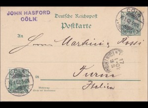 Germania: Ganzsache Postkarte von Köln nach Italien 1902