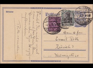 Germania: Ganzsache von Zehlendorf nach Zürich 1922, MiNr. 104C, signiert Infla