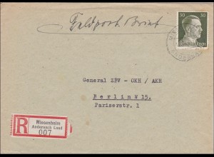 III. Reich: Einschreiben Feldpost-nur R-Gebühr bezahlt von Miesenheim 1943