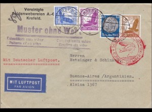 III. Reich: Muster ohne Wert, Luftpost von Krefeld nach Argentinien 1937