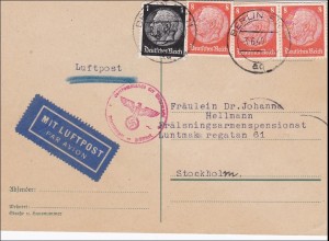 III. Reich: Luftpost Karte von Berlin nach Stockholm mit Zensur 1940