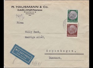 III. Reich: Luftpost Brief von Gablonz/Neisse nach Dänemark mit OKW Zensur