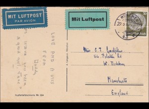 III. Reich: Ansichtskarte München per Luftpost nach England 1935