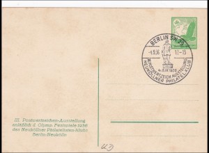 Ganzsache 1936, Briefmarken Ausstellung zu Olympia mit Sonderstempel