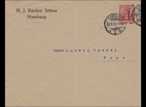 Ganzsache Germania 1909 PU26, Hamburg nach Bonn