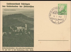 Ganzsache LV ThüringerPhilatelisten 1937 Bad Blankenburg, Sonderstempel gr. Herz