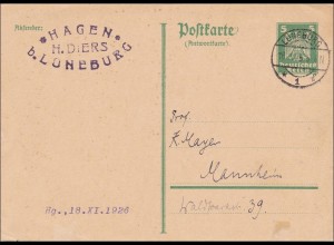 Ganzsache: P163 IA von Lüneburg nach Mannheim 1926