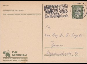 Ganzsache: 1943, Fasst Kohlenklau, Postreisescheck, Bonn, P311o