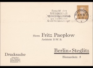 Ganzsachenumschlag: Drucksache von Wiesbaden 1930 nach Berlin