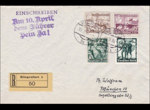 Österreich: Klagenfurt: Propaganda Anschluss 10. April 1938 R-Brief nach München