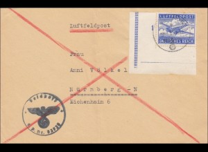 Feldpost II. Weltkrieg: Eckrand Marke Luftfeldpost nach Nürnberg, Nr. 32723
