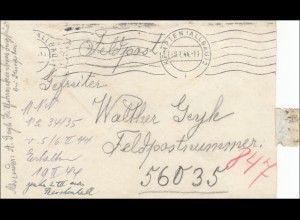 Feldpost II. Weltkrieg: Kempten Brief an FPNr. 56033, 1944, Ungarn Front