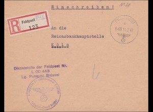 Feldpost II. Weltkrieg: Einschreiben 1942 von Brüssel nach Köln - Reichsbank