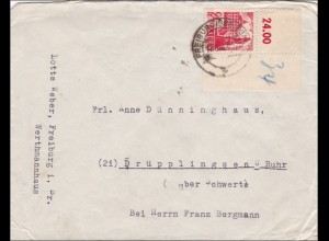 Französische Zone: Brief von Freiburg 1947 nach Drüpplingsen - ECKRAND