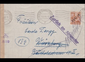 Brief 1948 nach Würzburg und zurück - Zensur
