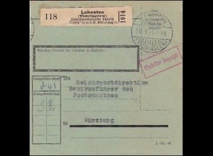 Paketekarte 1941 Lehesten/Thüringen an RPD, Bezirksführer Postschutz Würzburg